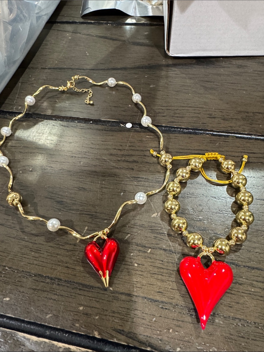 Gold Pearl Necklace and Beaded Bracelet Set with Red Heart Pendants